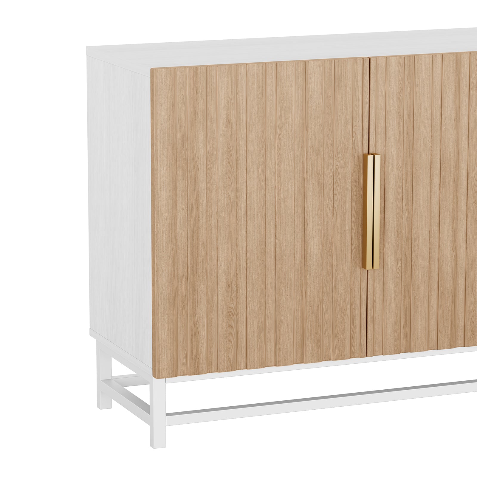 Argus 180cm Fluted Storage Buffet Sideboard in Natural features a white case with rib-style oak veneer doors, brushed-gold handles, and white open-frame base, offering chic and functional storage.