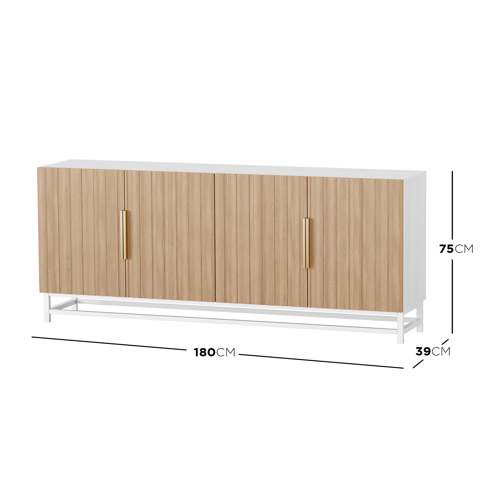 Argus 180cm Fluted Storage Buffet Sideboard in Natural with four vertical fluted-panel doors, tubular brass-tone handles, white case, and steel legs, perfect for chic living or dining room storage.