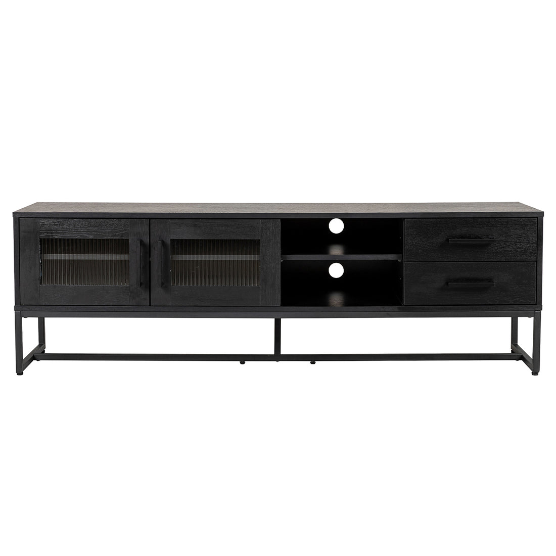 Ashley 160cm TV Unit with Fluted Glass Door Black features a matte black finish, vertical-ribbed glass cabinet doors, open shelves with cable cut-outs, and right-side pull-out drawers on a sleek metal frame.