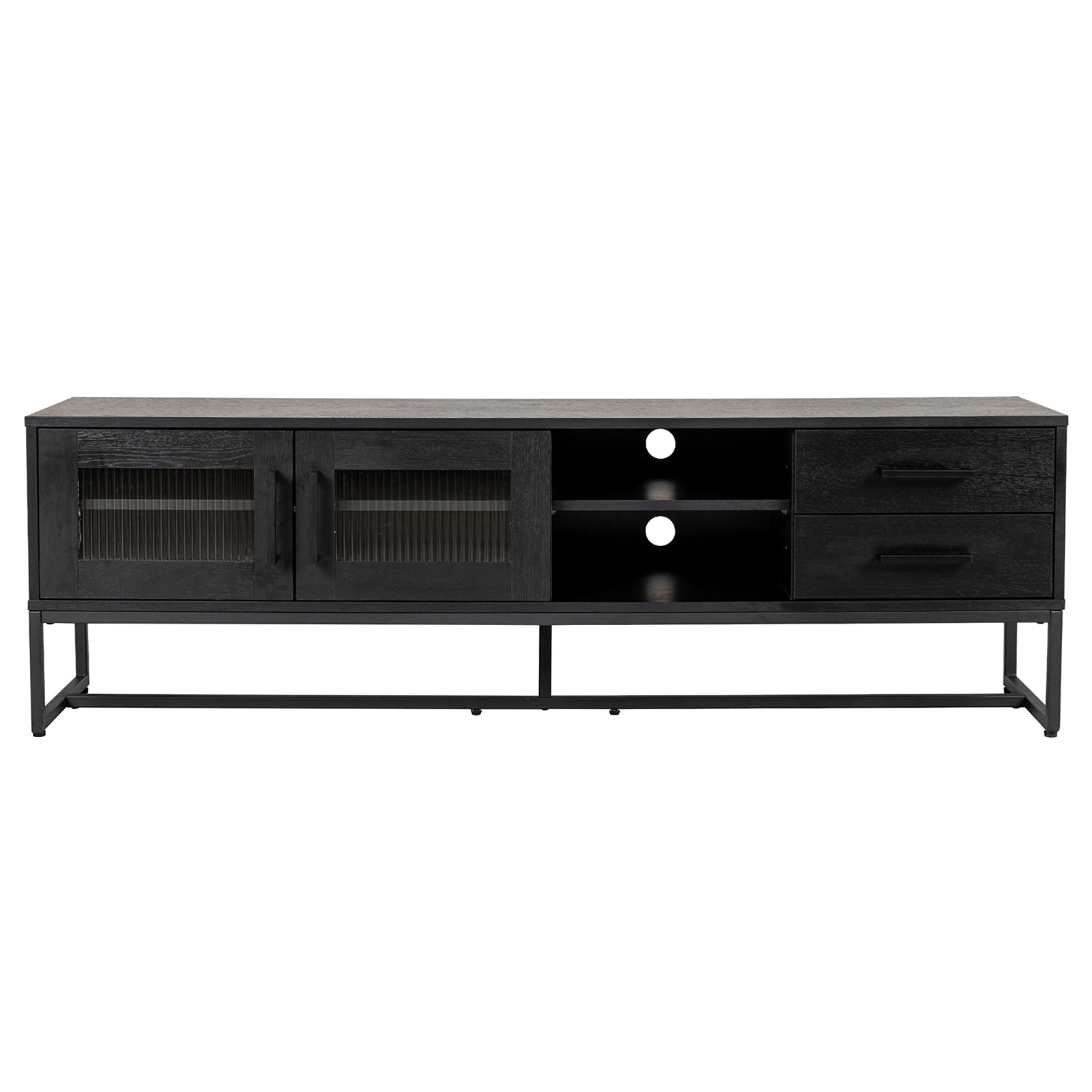 Ashley 160cm TV Unit with Fluted Glass Door Black features a matte black finish, vertical-ribbed glass cabinet doors, open shelves with cable cut-outs, and right-side pull-out drawers on a sleek metal frame.