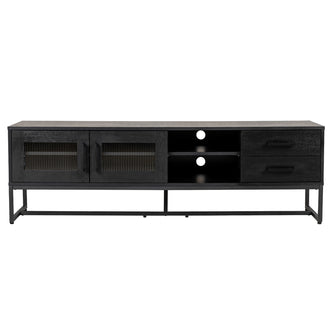 Ashley 160cm TV Unit with Fluted Glass Door Black features a matte black finish, vertical-ribbed glass cabinet doors, open shelves with cable cut-outs, and right-side pull-out drawers on a sleek metal frame.