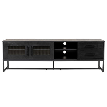 Ashley 160cm TV Unit with Fluted Glass Door Black features a matte black finish, vertical-ribbed glass cabinet doors, open shelves with cable cut-outs, and right-side pull-out drawers on a sleek metal frame.