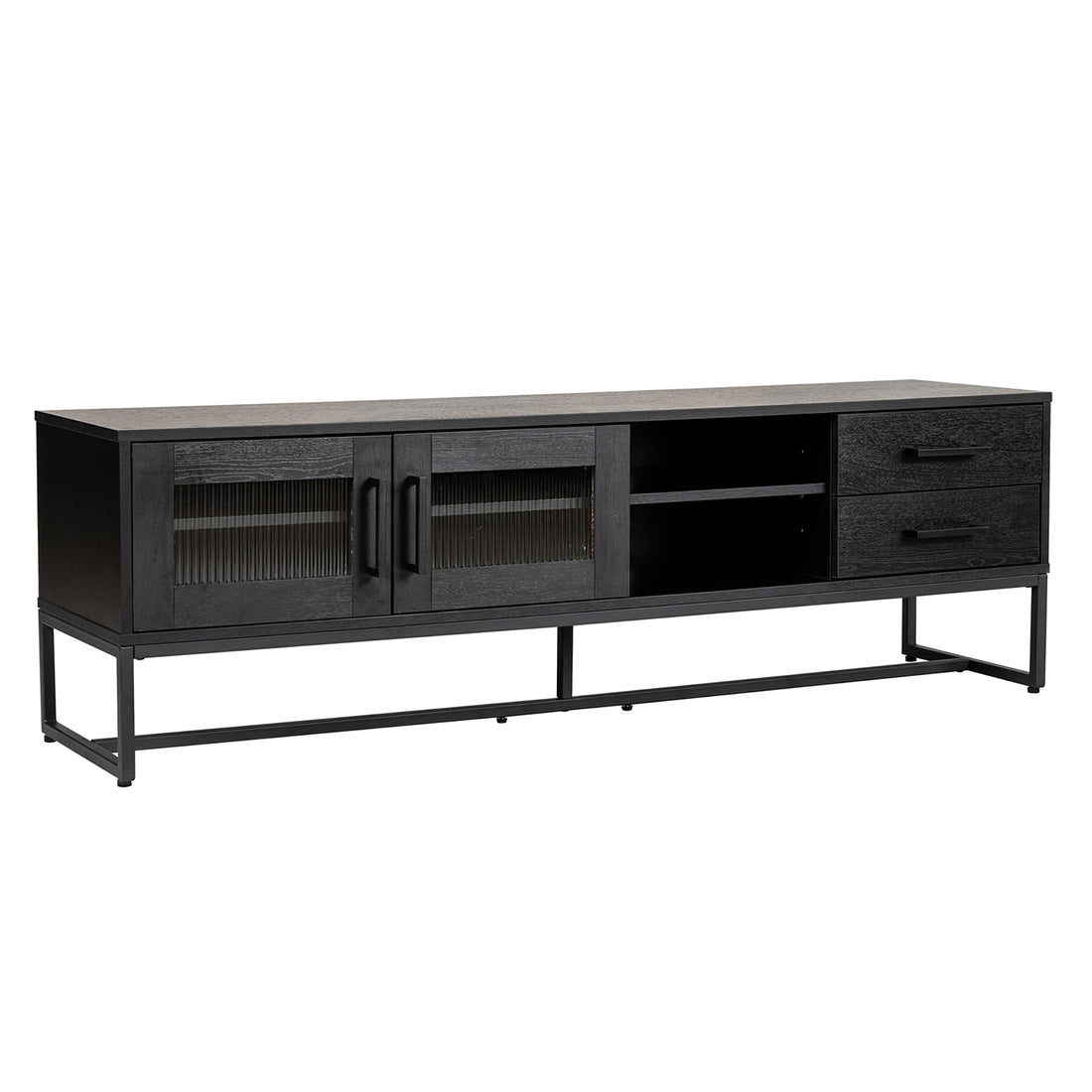 Ashley 160cm TV Unit with Fluted Glass Door Black, featuring ribbed glass cabinet doors, central open shelving, and two right-side drawers, supported by a metal frame base.
