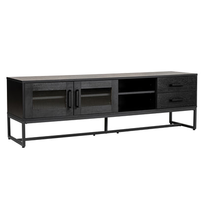 Ashley 160cm TV Unit with Fluted Glass Door Black, featuring ribbed glass cabinet doors, central open shelving, and two right-side drawers, supported by a metal frame base.