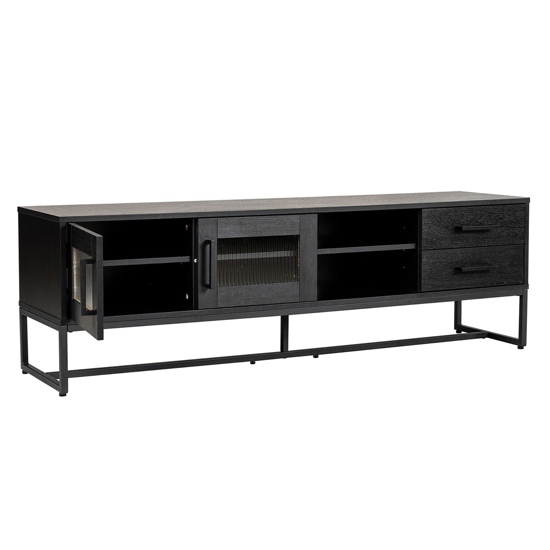 Ashley 160cm TV Unit with Fluted Glass Door Black features a matte black finish, slim metal frame, left cubby, central ribbed glass door, open shelves, and right drawers, ideal for modern entertainment setups.