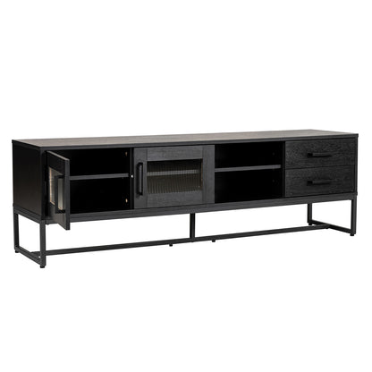 Ashley 160cm TV Unit with Fluted Glass Door Black features a matte black finish, slim metal frame, left cubby, central ribbed glass door, open shelves, and right drawers, ideal for modern entertainment setups.