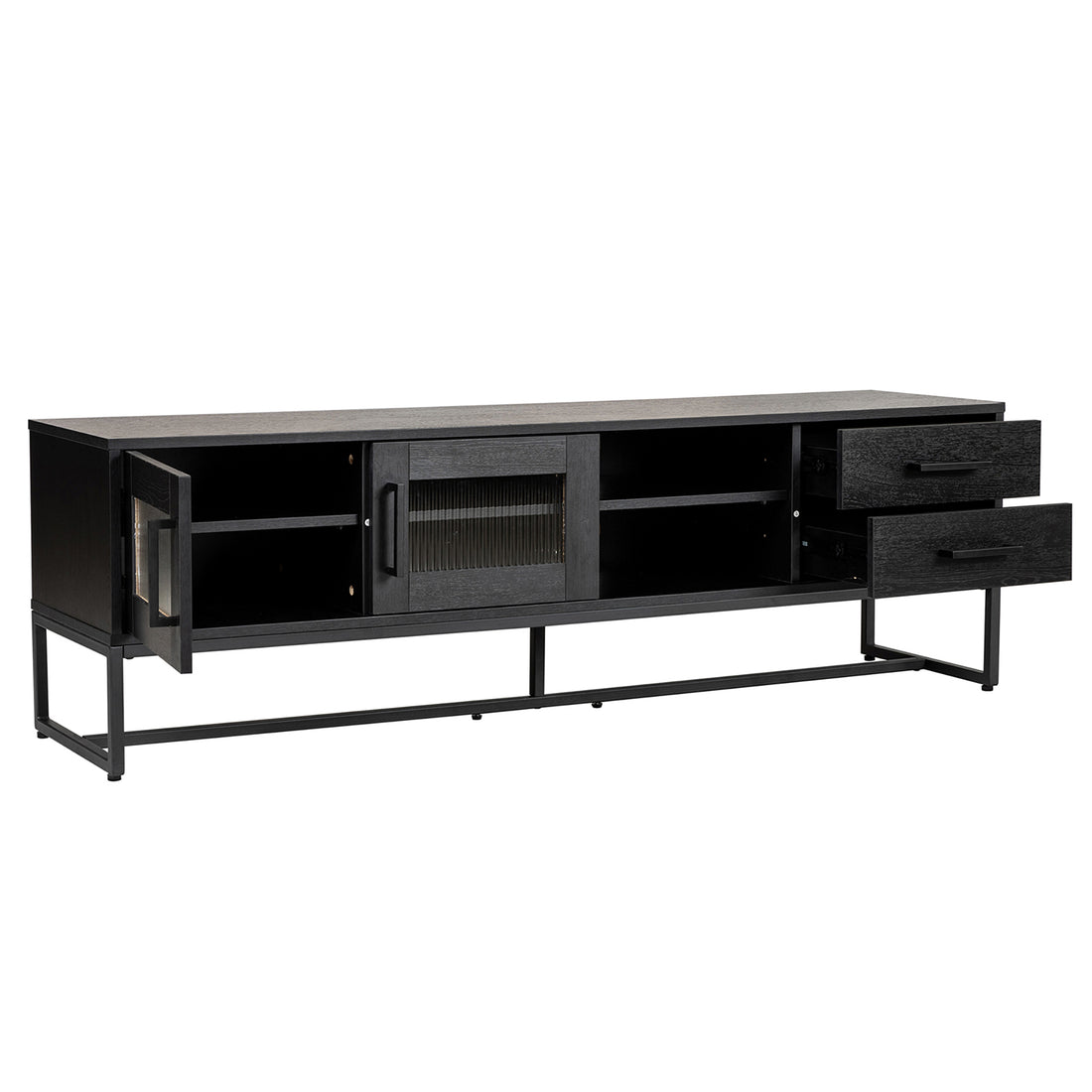 Ashley 160cm TV Unit with Fluted Glass Door Black features matte-black finish, two drawers, double-door cabinet with glass and solid panel, and central ribbed glass cabinet on a sleek metal frame.