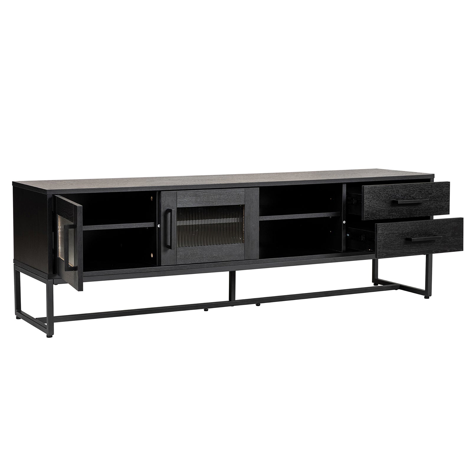 Ashley 160cm TV Unit with Fluted Glass Door Black features matte-black finish, two drawers, double-door cabinet with glass and solid panel, and central ribbed glass cabinet on a sleek metal frame.