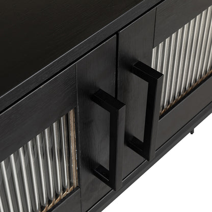Ashley 160cm TV Unit with Fluted Glass Door Black featuring two ribbed glass panel doors and large matte-black handles, showcasing a modern, stylish design for enhanced living room aesthetics.