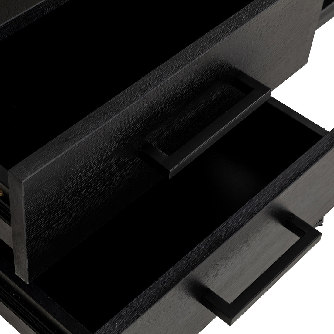 Ashley 160cm TV Unit with Fluted Glass Door Black, featuring open drawers with black rectangular handles, showcasing wood grain texture on drawer fronts.