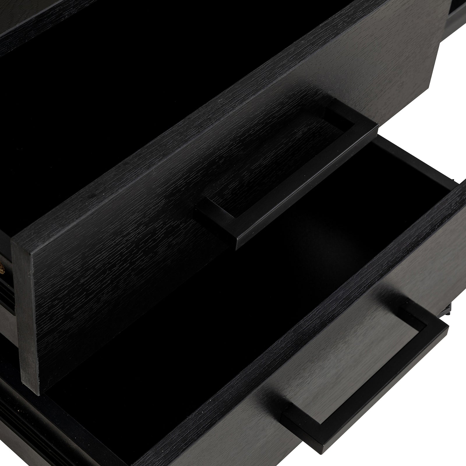 Ashley 160cm TV Unit with Fluted Glass Door Black, featuring open drawers with black rectangular handles, showcasing wood grain texture on drawer fronts.