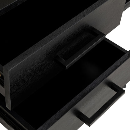 Ashley 160cm TV Unit with Fluted Glass Door Black, featuring open drawers with black rectangular handles, showcasing wood grain texture on drawer fronts.