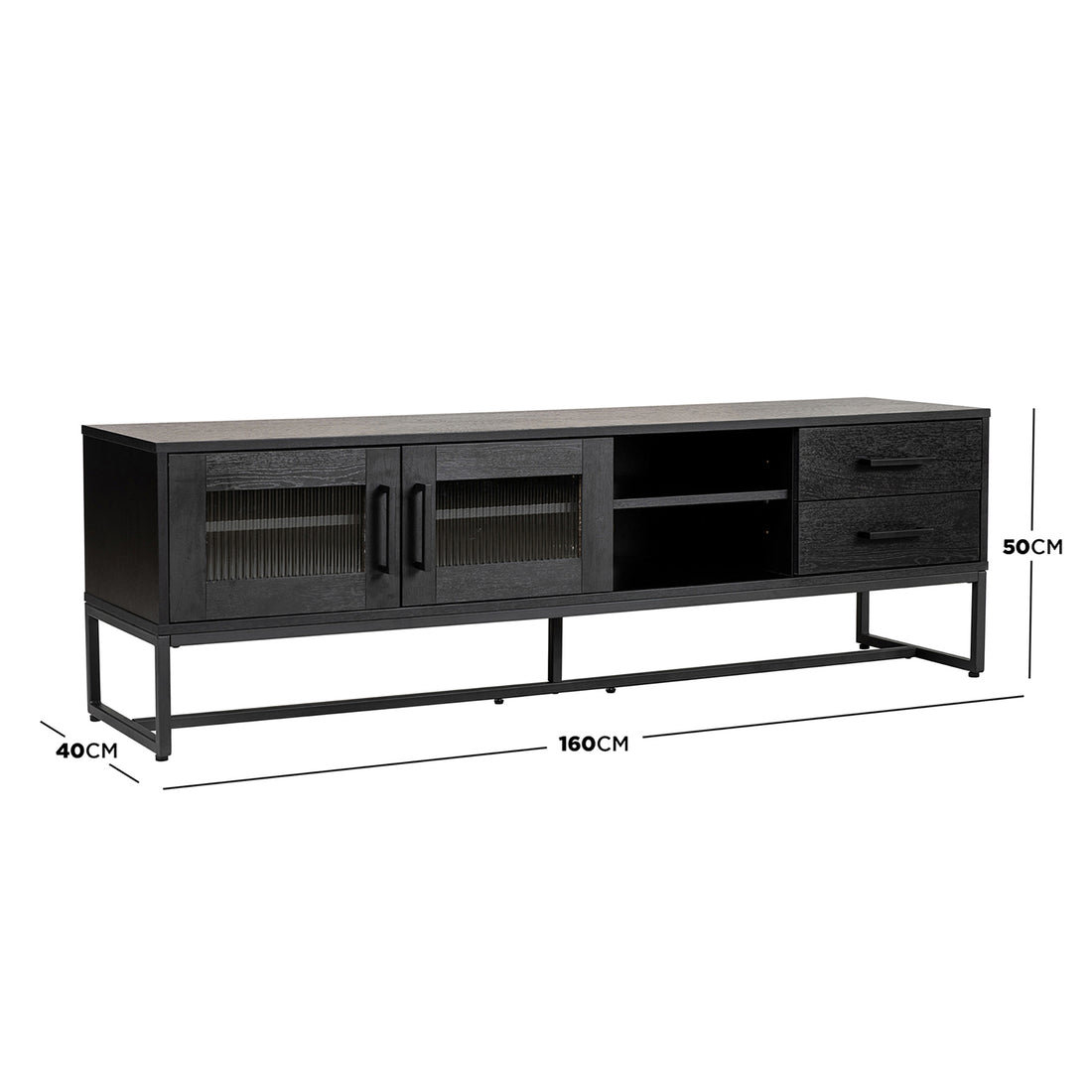 Ashley 160cm TV Unit with Fluted Glass Door Black featuring ribbed glass doors, open shelving, two drawers, and metal frame. Perfect for modern living rooms needing stylish and functional storage.