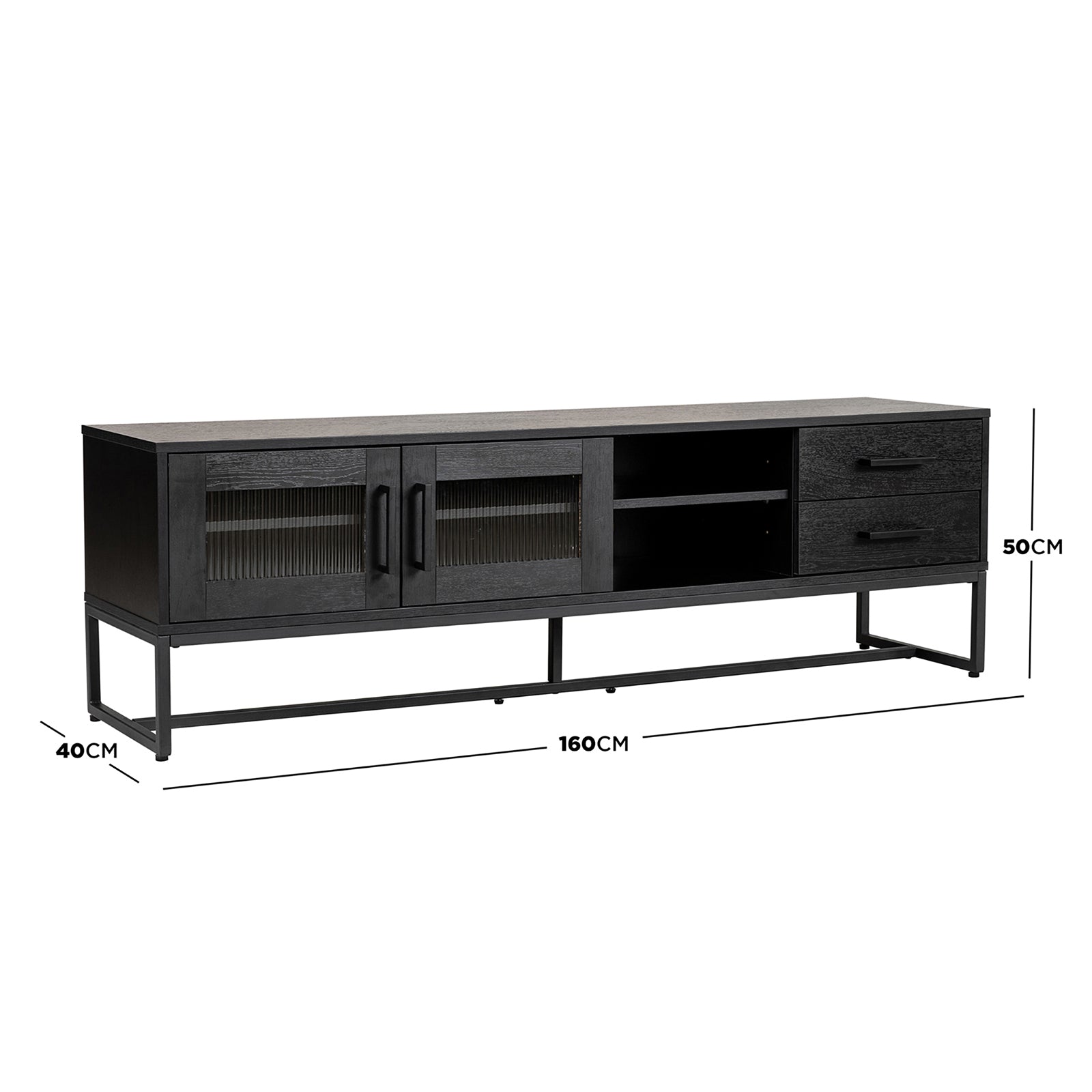 Ashley 160cm TV Unit with Fluted Glass Door Black featuring ribbed glass doors, open shelving, two drawers, and metal frame. Perfect for modern living rooms needing stylish and functional storage.