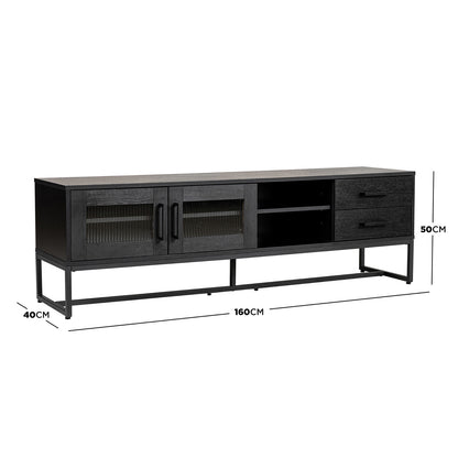 Ashley 160cm TV Unit with Fluted Glass Door Black featuring ribbed glass doors, open shelving, two drawers, and metal frame. Perfect for modern living rooms needing stylish and functional storage.