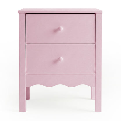 Pink two-drawer nightstand with rounded knobs on white background