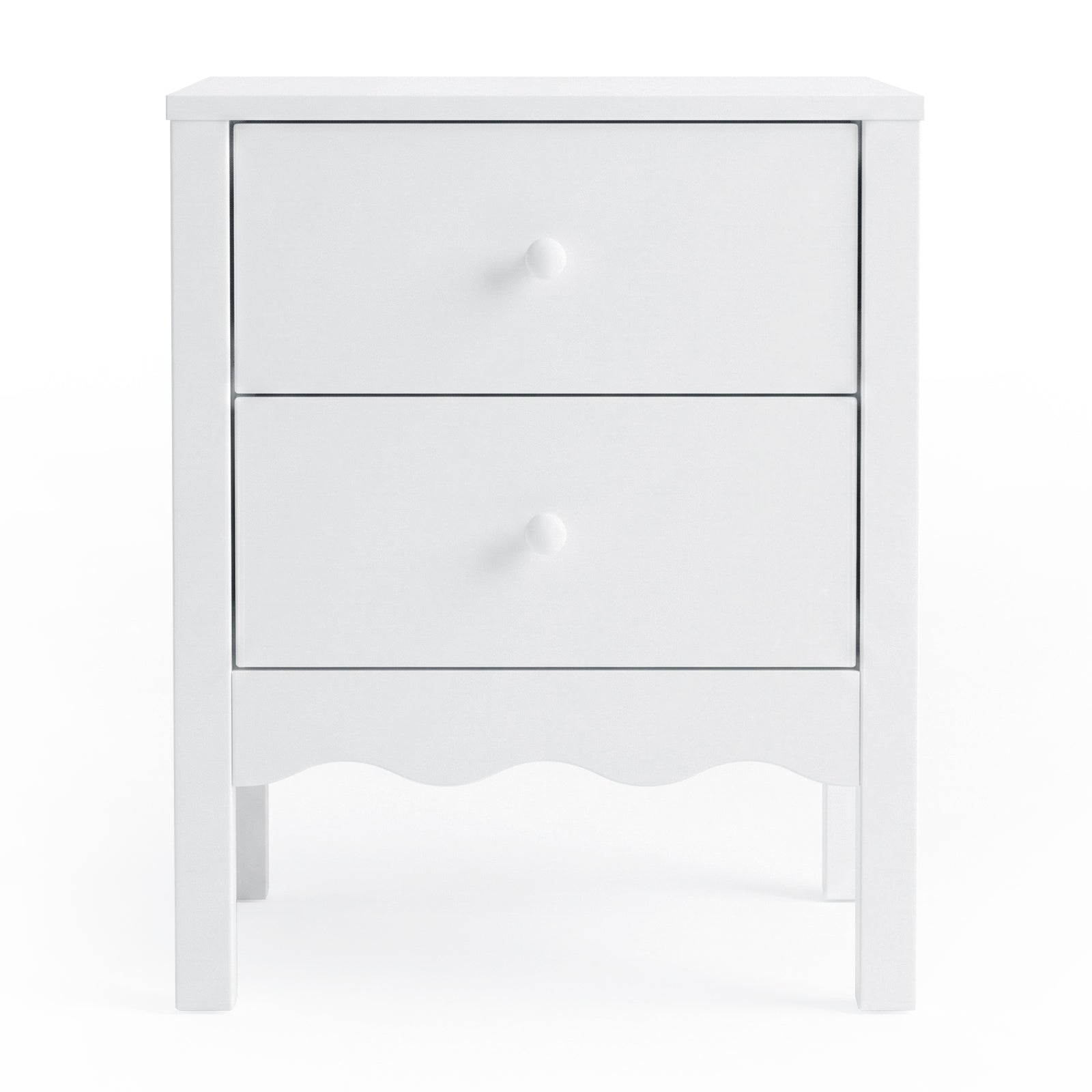 White two-drawer nightstand on a plain white background, full view