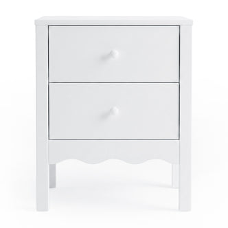 White two-drawer nightstand on a plain white background, full view