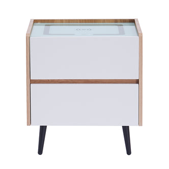 Beth Smart Wireless Bedside Table in White & Natural features two white-front drawers, a light wood frame, slim black legs, and a glass top with a wireless-charging symbol, highlighting its modern functionality.