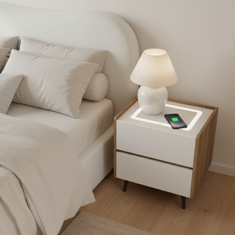 Beth Smart Wireless Bedside Table in White & Walnut