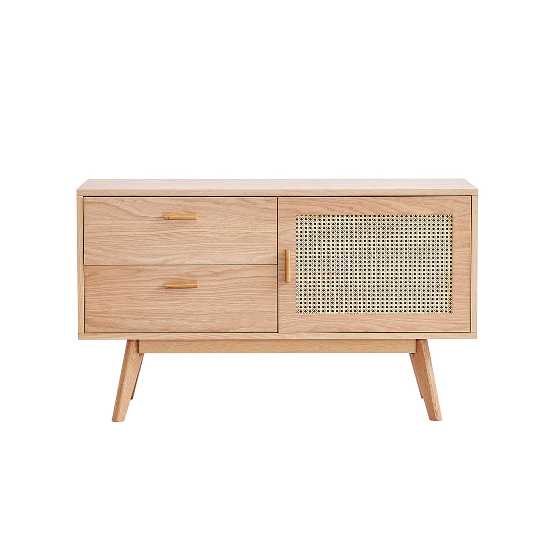 Bethany 120cm Sideboard with Drawers Natural features a light wood finish, two smooth drawers, and a rattan-panel cabinet, all supported by angled legs and simple wooden handles.