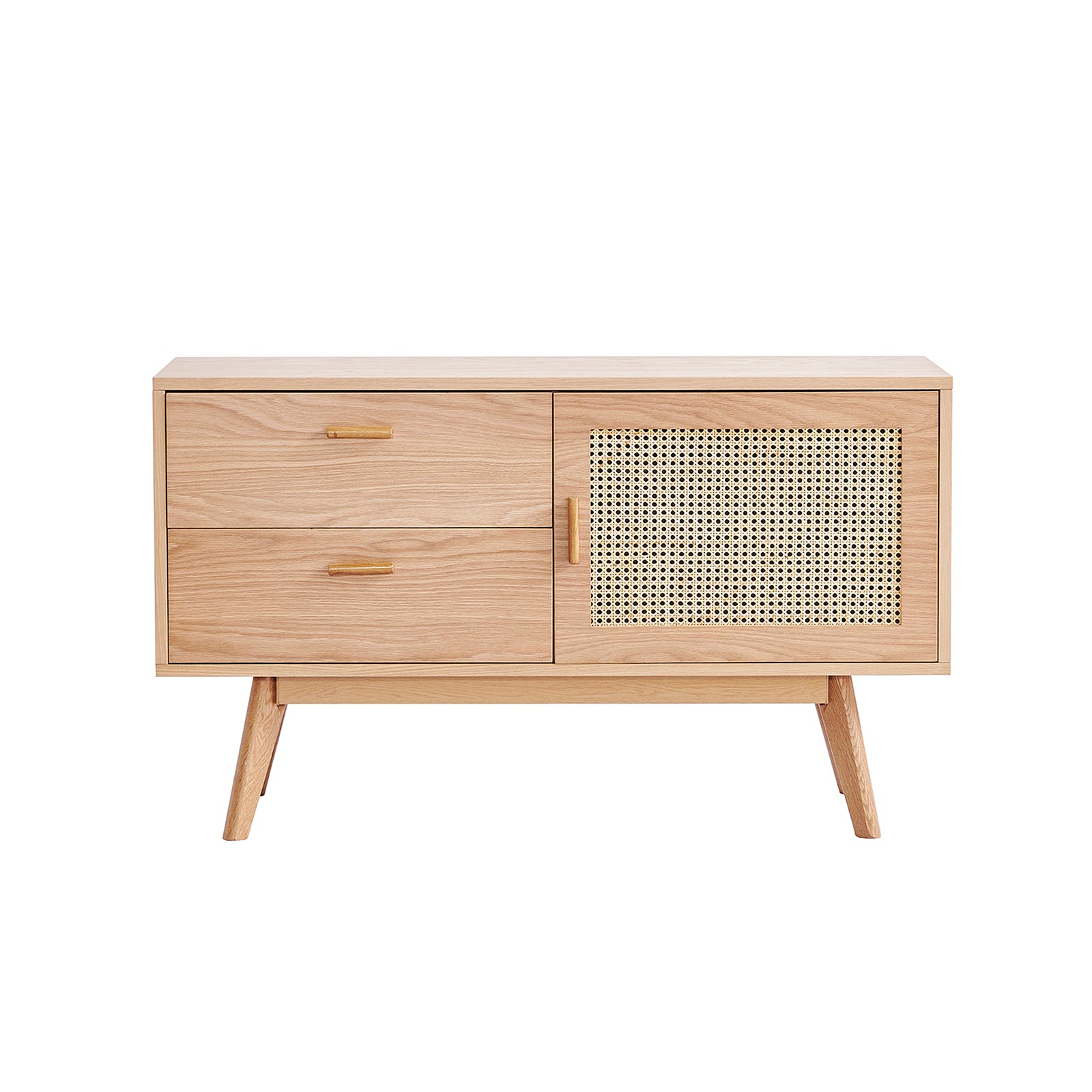 Bethany 120cm Sideboard with Drawers Natural features a light wood finish, two smooth drawers, and a rattan-panel cabinet, all supported by angled legs and simple wooden handles.