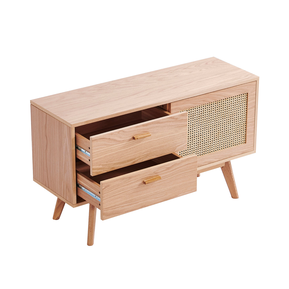 Bethany 120cm Sideboard with Drawers Natural featuring light wood, splayed legs, two partly open drawers, and a tambour-style sliding front for additional storage, ideal for a TV or decor.