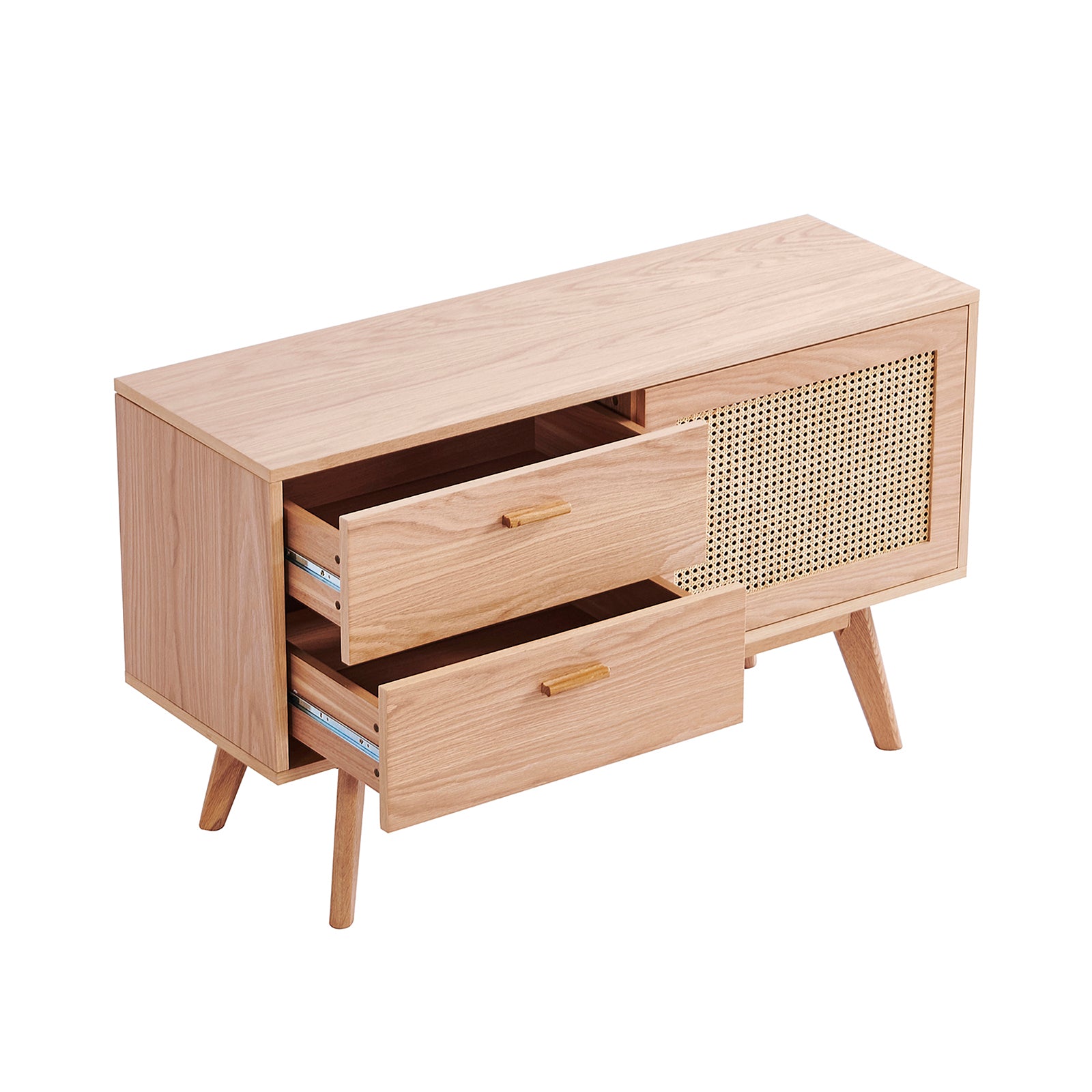 Bethany 120cm Sideboard with Drawers Natural featuring light wood, splayed legs, two partly open drawers, and a tambour-style sliding front for additional storage, ideal for a TV or decor.