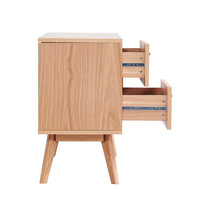 Bethany 120cm Sideboard with Drawers Natural, showcasing a mid-century-style light oak cabinet with two partially open drawers, stands on splayed legs, highlighting its minimalist design and functional elegance.