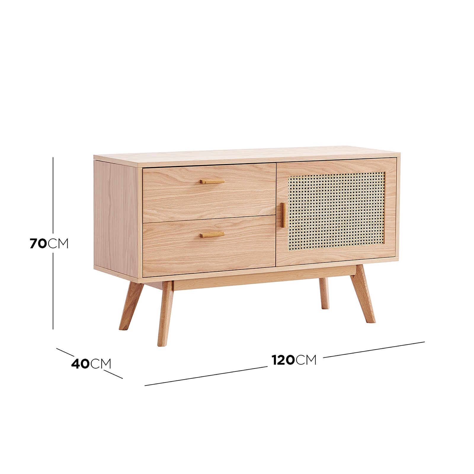 Bethany 120cm Sideboard with Drawers Natural features a light oak finish, two brass-handled drawers, and a woven cane door on splayed legs, offering stylish storage and a minimalist design.