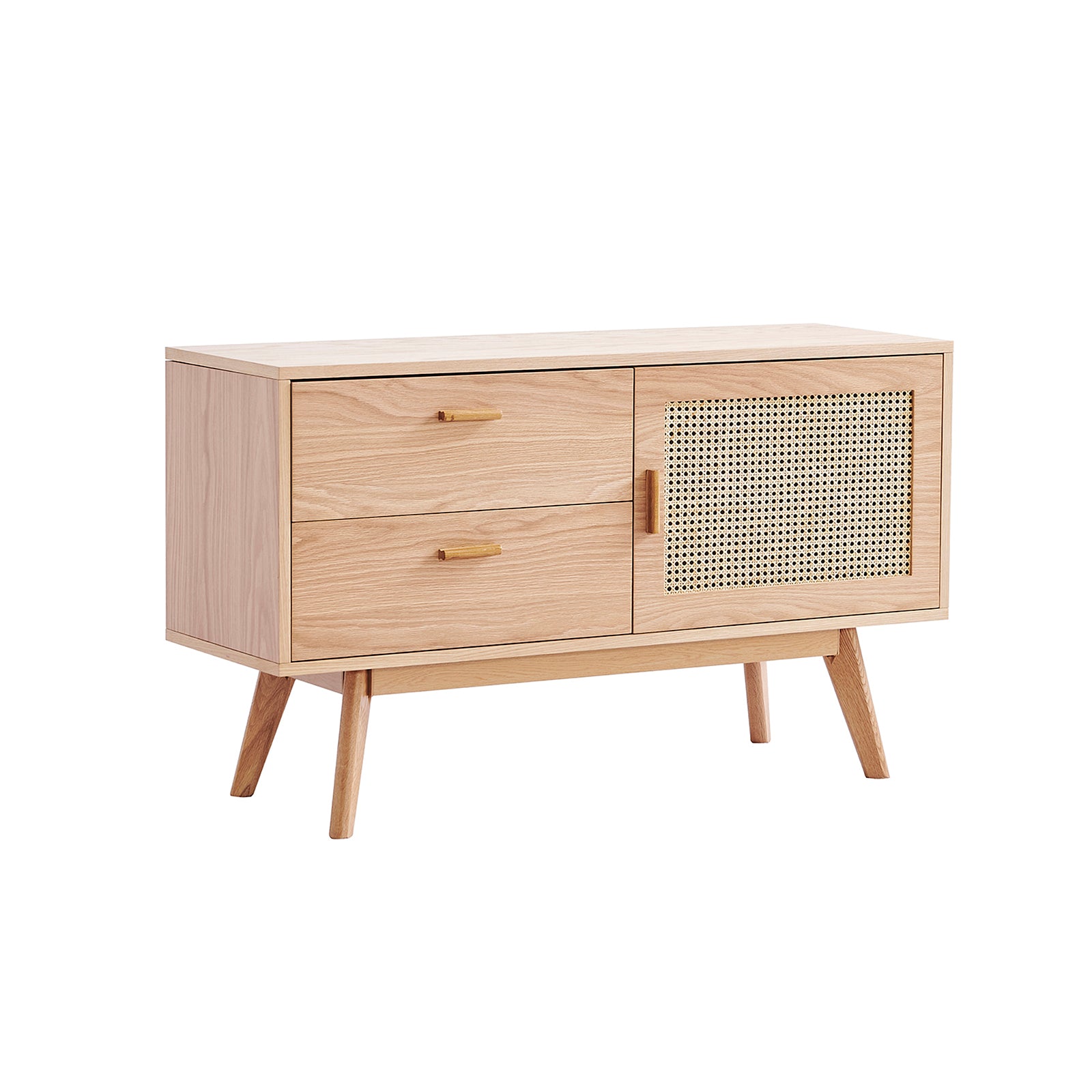Bethany 120cm Sideboard with Drawers Natural features a light-toned wooden design, angled legs, two left drawers, and a right woven-cane-front sliding door, ideal for stylish storage or display.