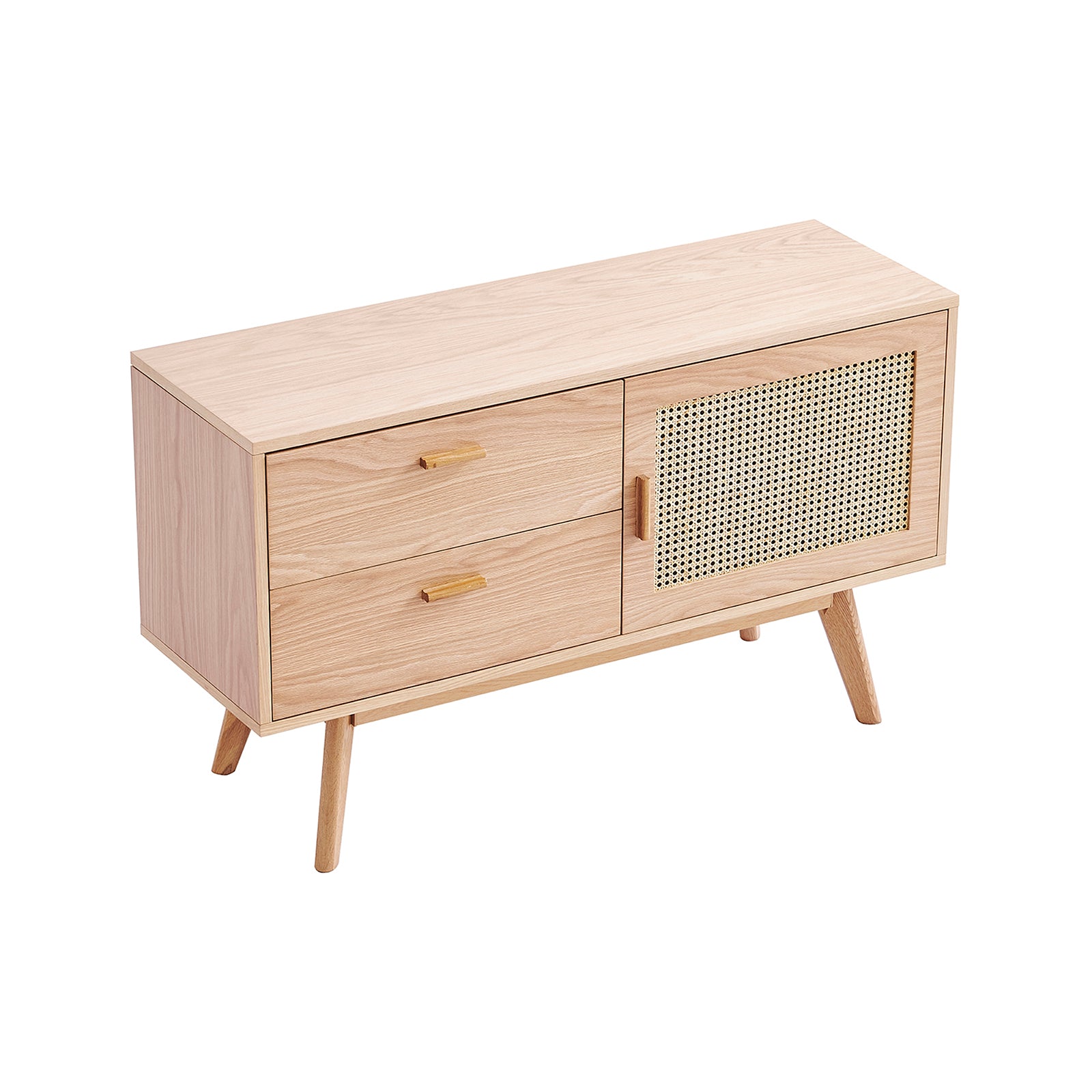 Bethany 120cm Sideboard with Drawers Natural features a mid-century style, light wood finish, four splayed legs, two drawers, and a rattan-inset cabinet door, offering stylish and compact storage.