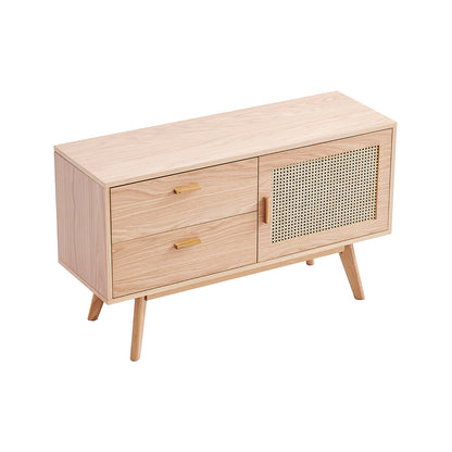 Bethany 120cm Sideboard with Drawers Natural features a mid-century style, light wood finish, four splayed legs, two drawers, and a rattan-inset cabinet door, offering stylish and compact storage.