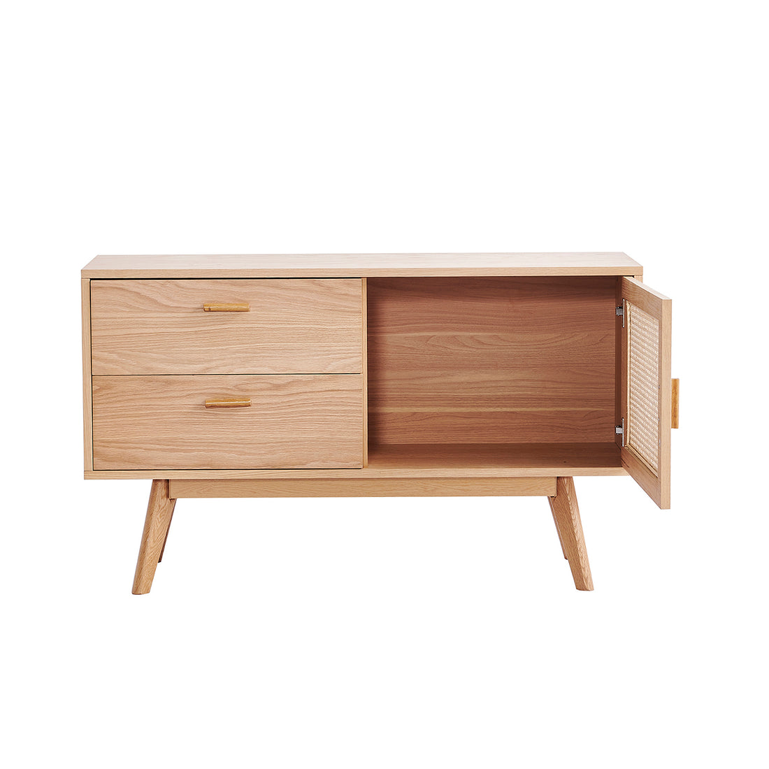 Bethany 120cm Sideboard with Drawers Natural features a light oak finish, two drawers with horizontal pulls, and an open cabinet door revealing a spacious shelf, all on mid-century modern tapered legs.