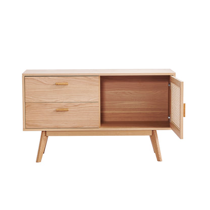 Bethany 120cm Sideboard with Drawers Natural features a light oak finish, two drawers with horizontal pulls, and an open cabinet door revealing a spacious shelf, all on mid-century modern tapered legs.
