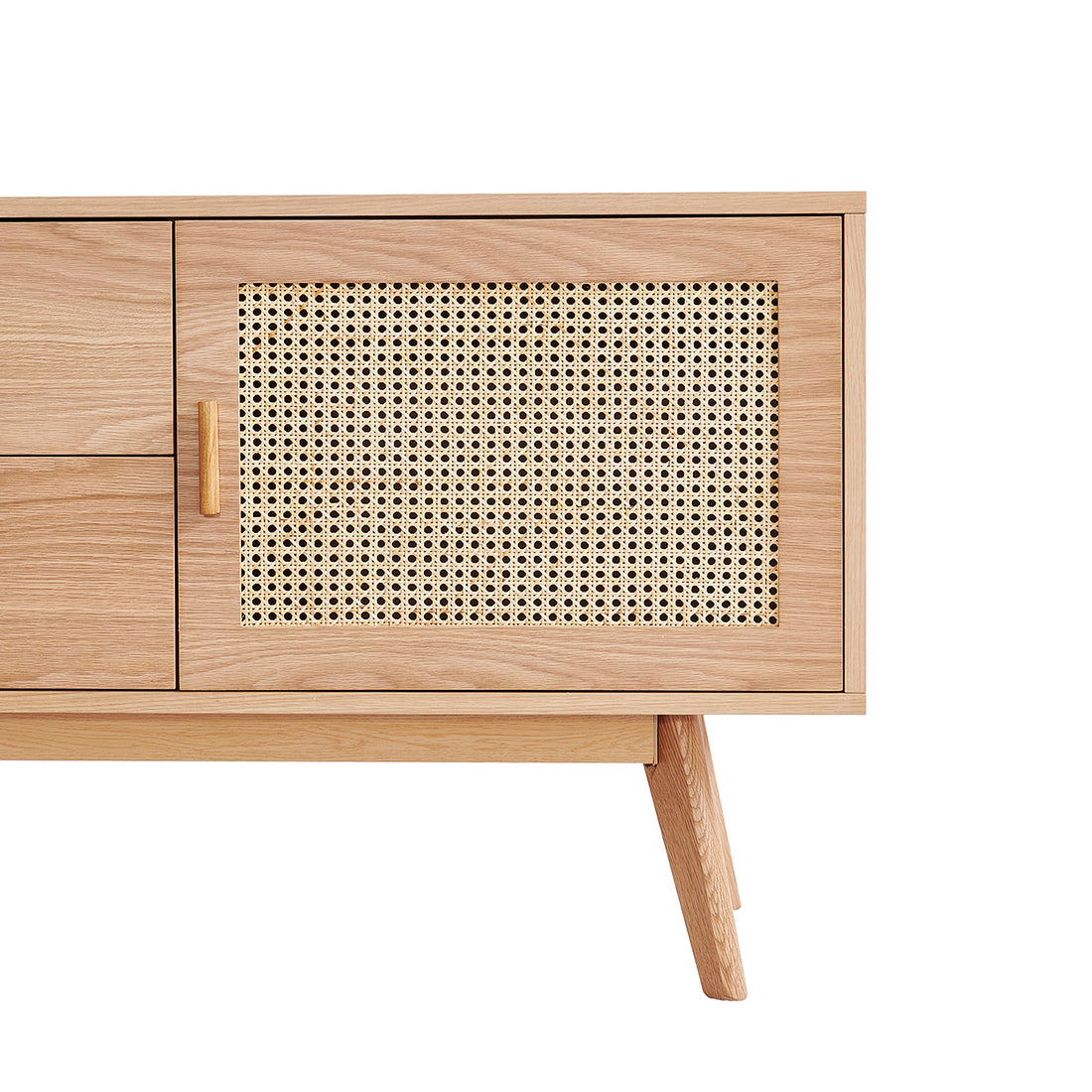 Bethany 120cm Sideboard with Drawers Natural features a light oak finish, splayed legs, a caned mesh door panel, and visible flush-front drawers, showcasing mid-century-modern elegance and functional storage.