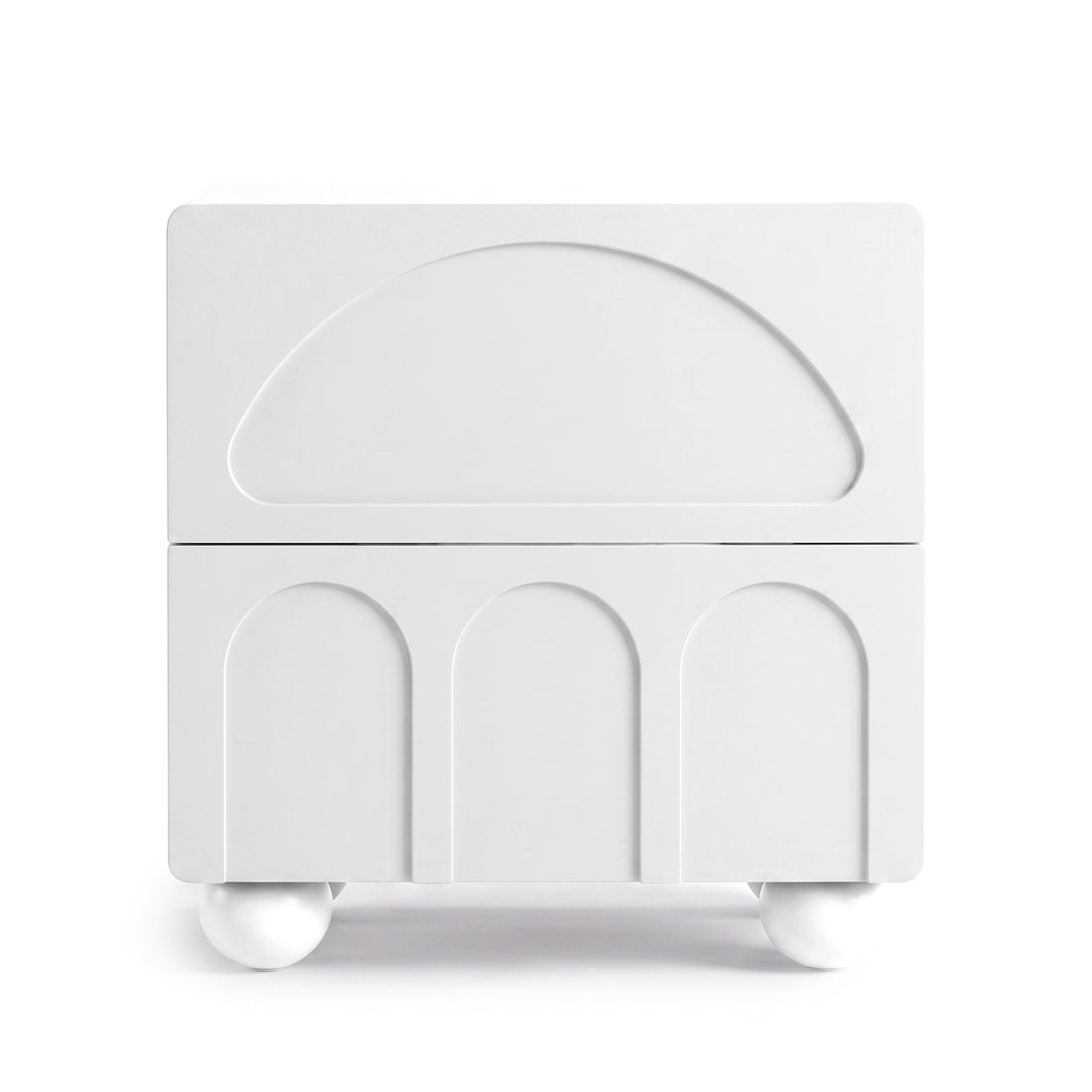 Minimalist white nightstand with geometric front detailing on a white background.