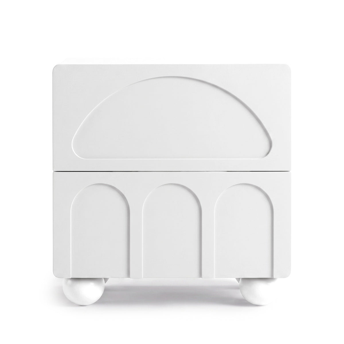 Minimalist white nightstand with geometric front detailing on a white background.