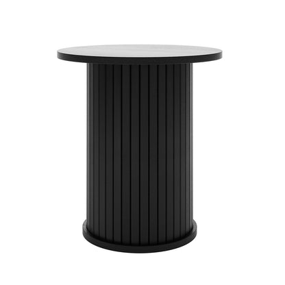 Booker 50cm Round Fluted Oak Side Table in Black features a modern design with a round tabletop and cylindrical base of evenly spaced vertical slats, perfect as an accent table or plant stand.