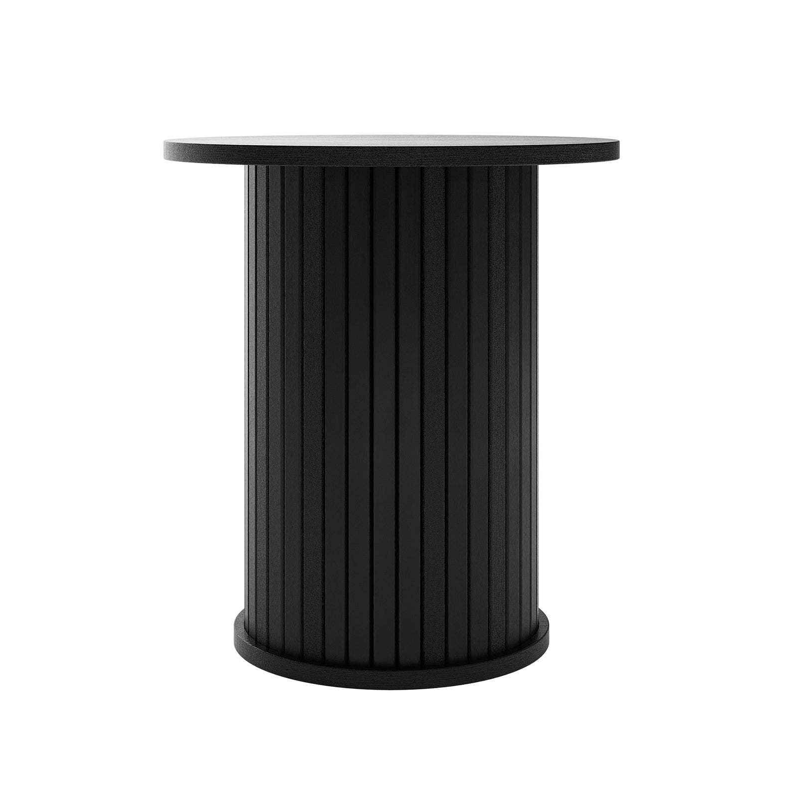 Booker 50cm Round Fluted Oak Side Table in Black, featuring a circular top and cylindrical base with vertical slats, exemplifies modern elegance and timeless design, perfect for versatile home decor.