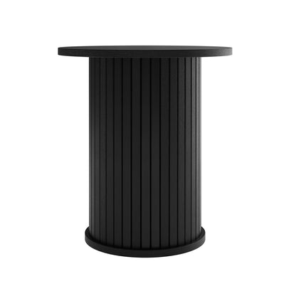 Booker 50cm Round Fluted Oak Side Table in Black features a circular top and a cylindrical base with vertical slats, offering a modern, fluted design ideal for elegant, versatile home decor.