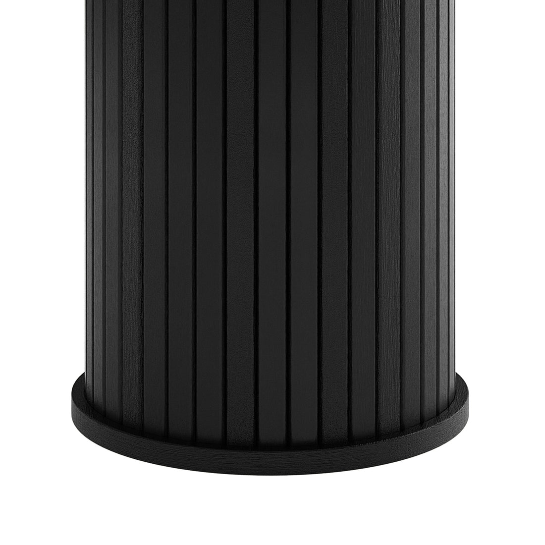Close-up of the Booker 50cm Round Fluted Oak Side Table in Black, showcasing its matte black cylindrical structure with vertical ribs, resting on a slightly flared circular base.