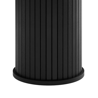 Close-up of the Booker 50cm Round Fluted Oak Side Table in Black, showcasing its matte black cylindrical structure with vertical ribs, resting on a slightly flared circular base.