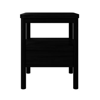Brett Solid Oak Bedside Table - Black with a sleek rectangular design, features sturdy legs, a spacious drawer, and an open shelf, showcasing modern craftsmanship ideal for bedroom storage.