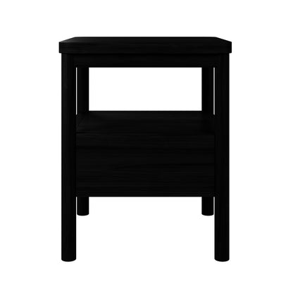Brett Solid Oak Bedside Table - Black with a sleek rectangular design, features sturdy legs, a spacious drawer, and an open shelf, showcasing modern craftsmanship ideal for bedroom storage.