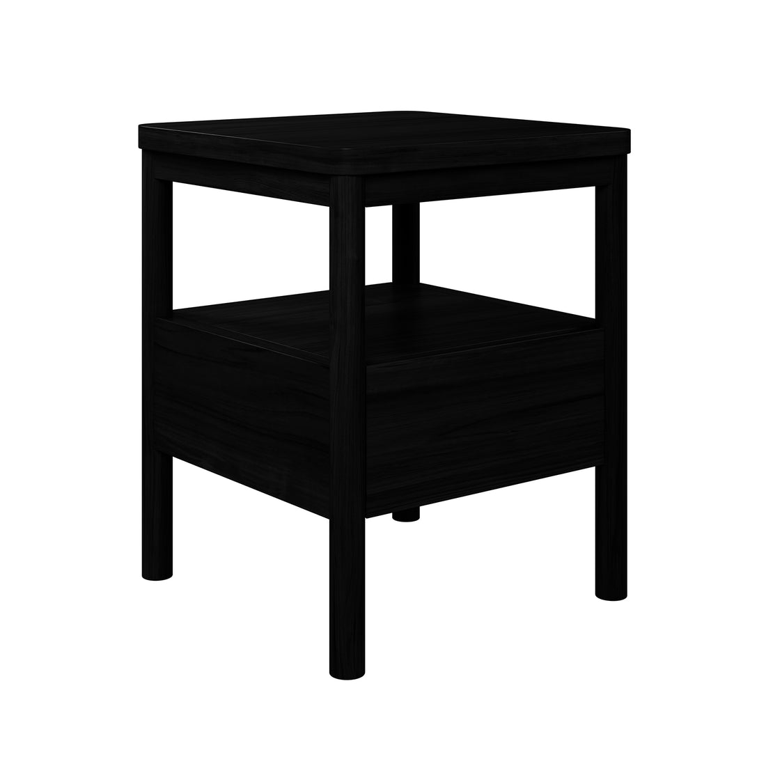 Brett Solid Oak Bedside Table - Black: A sleek black end table with a spacious drawer and open shelf, crafted from solid oak, showcasing modern design and functionality.