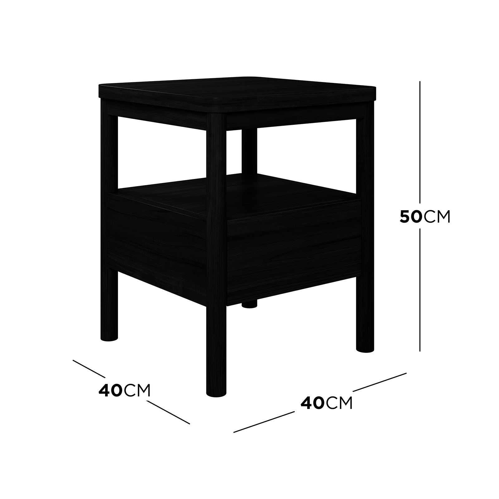 Dimension of the Brett Solid Oak Bedside Table - Black features a sleek, black design with a spacious drawer and open shelf, showcasing sturdy craftsmanship suitable for modern decor.