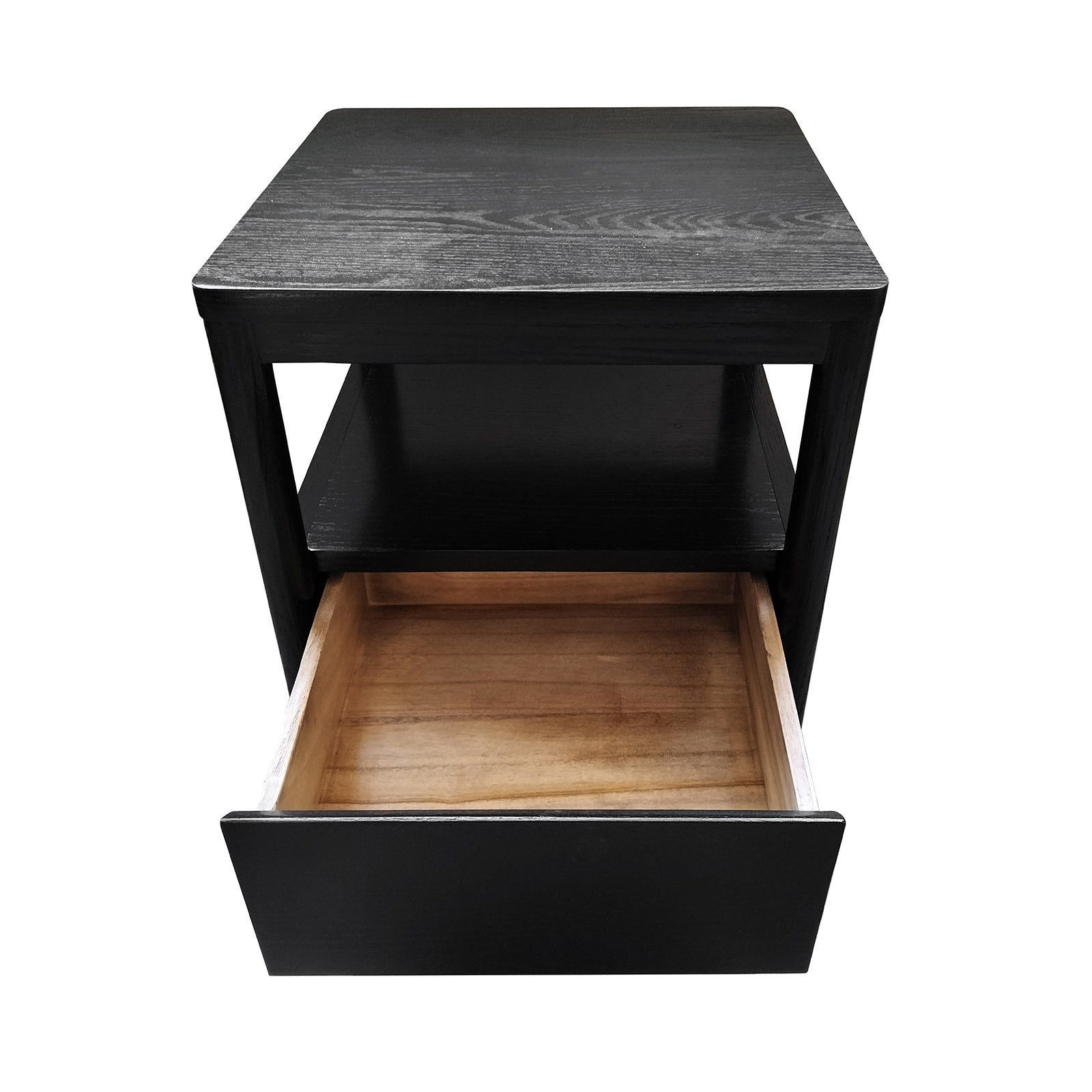 Brett Solid Oak Bedside Table in Black, showcasing a sleek design with a spacious drawer and open shelf, crafted from solid oak for durability, perfect for modern bedroom settings.
