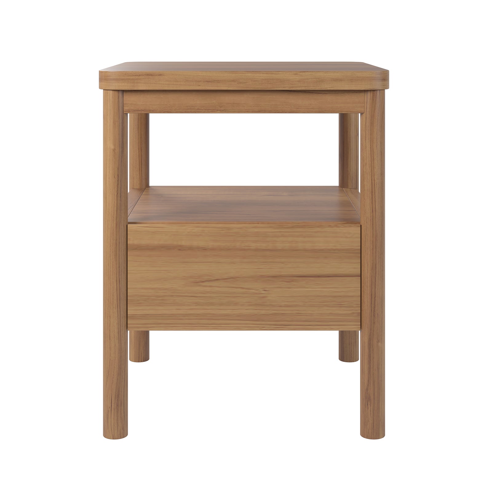 Brett Solid Oak Bedside Table - Natural, showcasing its sturdy solid oak construction with visible wood grain texture, features a drawer and open shelf for storage, reflecting timeless elegance and practicality.