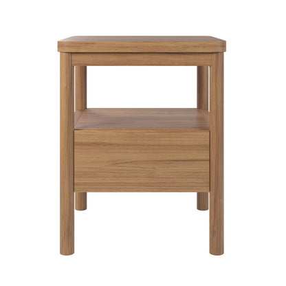 Brett Solid Oak Bedside Table - Natural, showcasing its sturdy solid oak construction with visible wood grain texture, features a drawer and open shelf for storage, reflecting timeless elegance and practicality.
